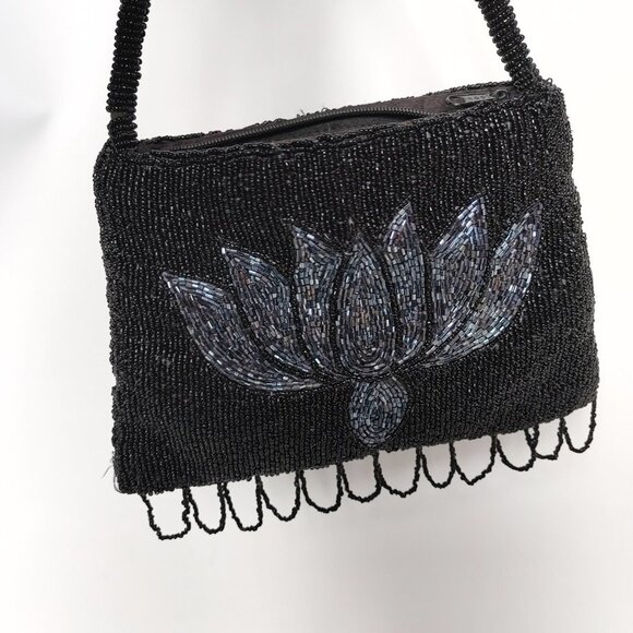 ATTRACTIVE Vintage Black Beaded Lotus Print Shoulder Bag Stunning Night Bag - Picture 5 of 6